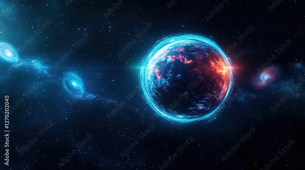 Obraz premium Vibrant Blue Planet Surrounded by a Luminous Red Star Creating a Cosmic Scene That Evokes Wonder and Exploration in the Vastness of Space
