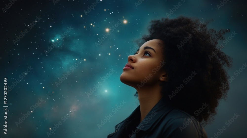 Woman Gazing at the Night Sky: A Moment of Wonder and Serenity Woman Gazing at the Night Sky: A Moment of Wonder and Serenity