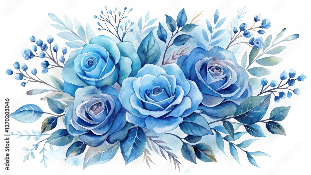 Fototapeta premium Serene watercolor painting of a lush bouquet featuring three majestic blue roses, surrounded by delicate foliage and berry sprigs, creating a tranquil and elegant floral arrangement.