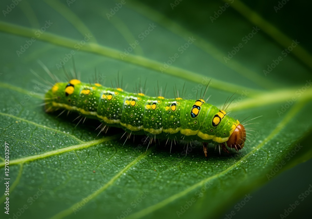 Vibrant Green Caterpillar on Leaf Macro Photography Vibrant Green Caterpillar on Leaf Macro Photography