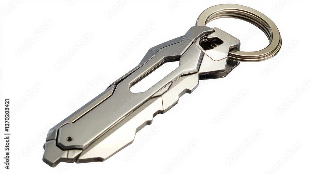 Sleek metallic keychain with a futuristic design. The modern, angular shape adds a unique touch. Sleek metallic keychain with a futuristic design. The modern, angular shape adds a unique touch.