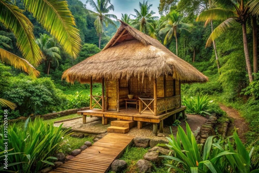 Serene Tropical Bamboo Hut Nestled Amongst Lush Greenery and Palm Trees, Wooden Walkway Leading to Tranquil Retreat Serene Tropical Bamboo Hut Nestled Amongst Lush Greenery and Palm Trees, Wooden Walkway Leading to Tranquil Retreat
