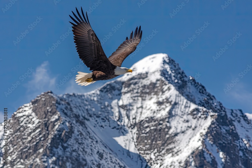 Fototapeta premium Majestic Bald Eagle soaring against snow-capped mountains, vibrant colors, wildlife, sunny day, aerial view, freedom, nature photography