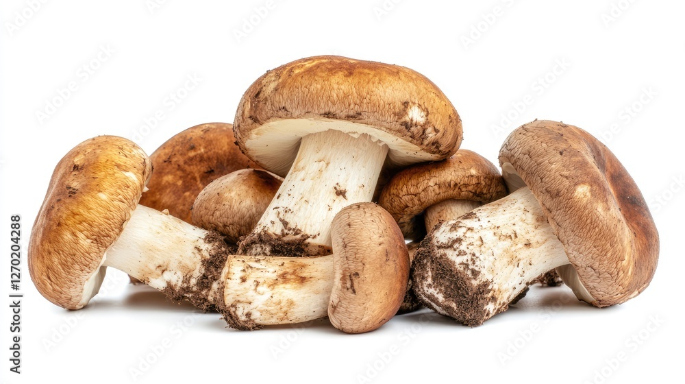 Fresh mushrooms with earthy brown caps, isolated on a white background. Fresh mushrooms with earthy brown caps, isolated on a white background.