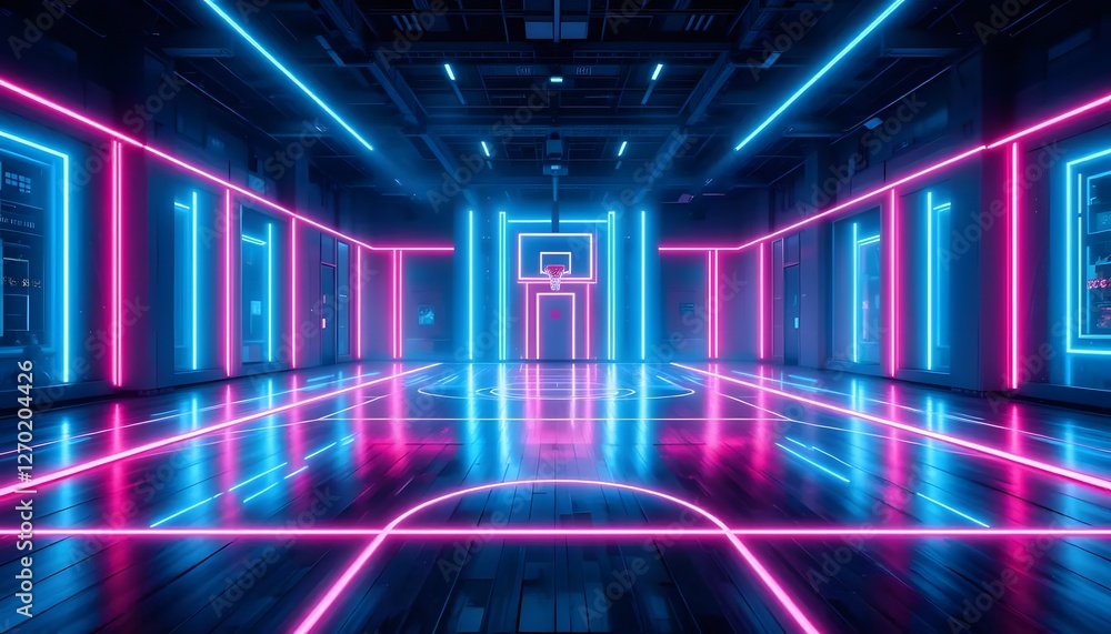 Neon Lit Indoor Basketball Court with Glowing Lines and Reflections Neon Lit Indoor Basketball Court with Glowing Lines and Reflections