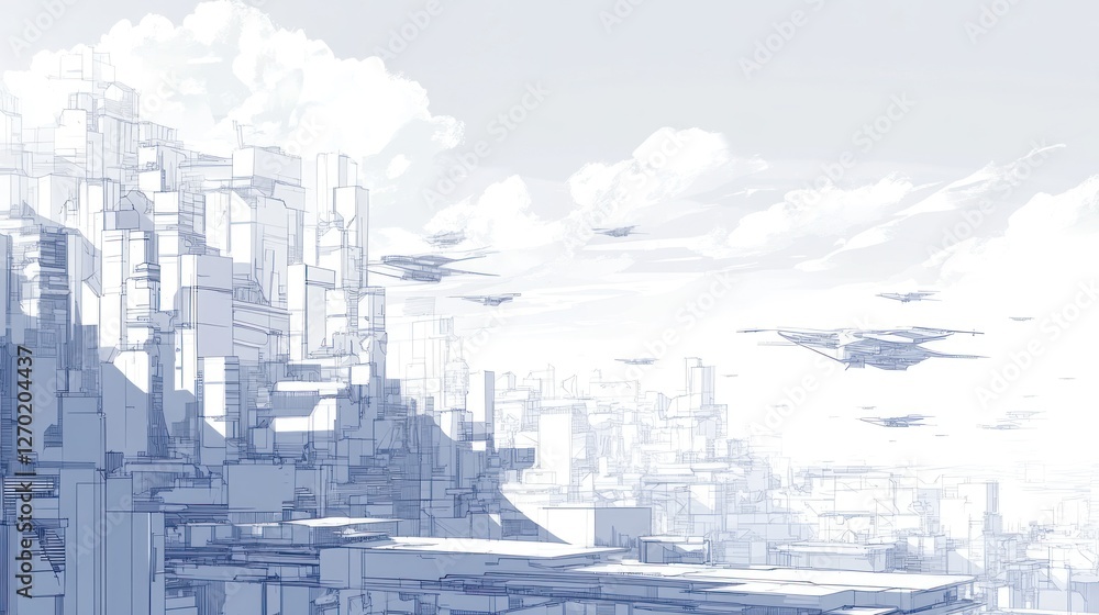Fototapeta premium Futuristic city sketch, cloudy sky, flying vehicles