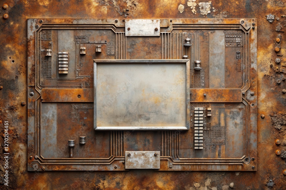 Rustic Metal Panel with Central Blank Space Ideal for Technological or Industrial Design Projects Rustic Metal Panel with Central Blank Space Ideal for Technological or Industrial Design Projects