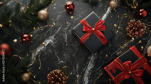 Christmas gift boxes top view background under a decorated with festive ribbons and golden accents