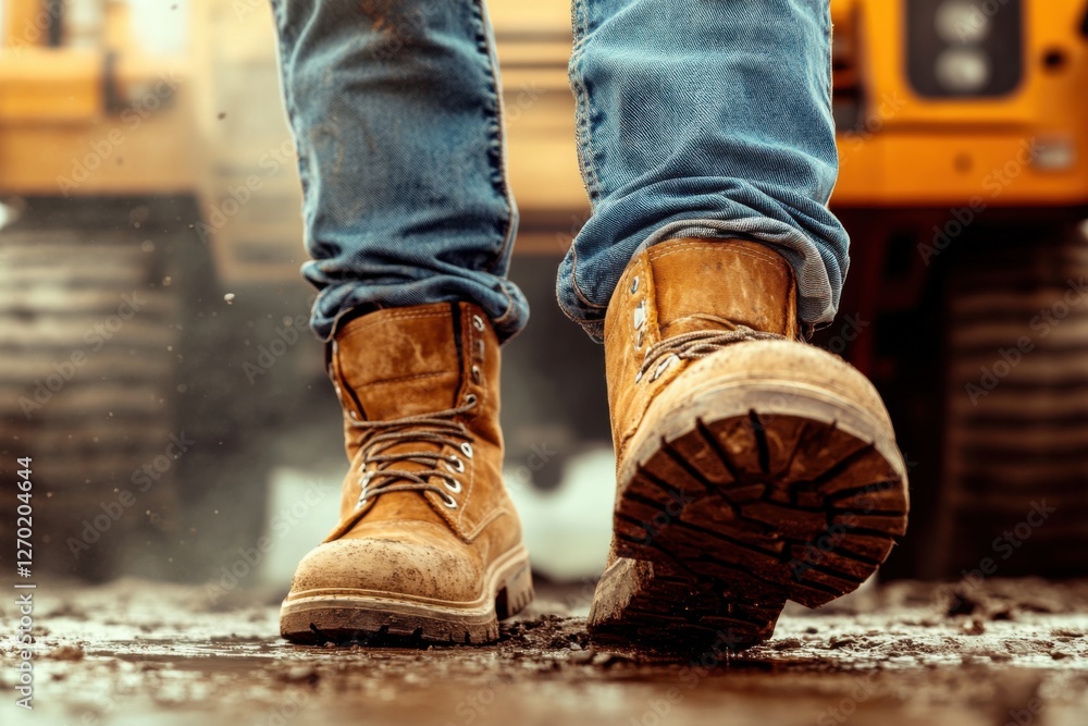 Construction worker steps out of truck at job site wearing jeans and sturdy boots Construction worker steps out of truck at job site wearing jeans and sturdy boots