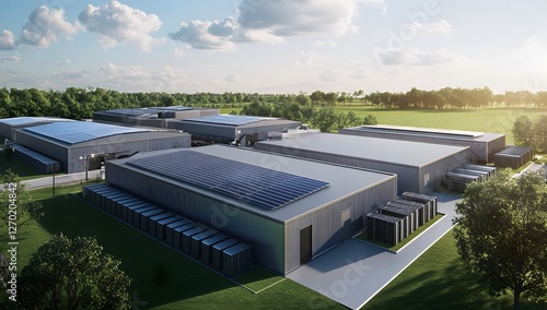 Aerial view of modern data center complex with solar panels, surrounded by trees and fields