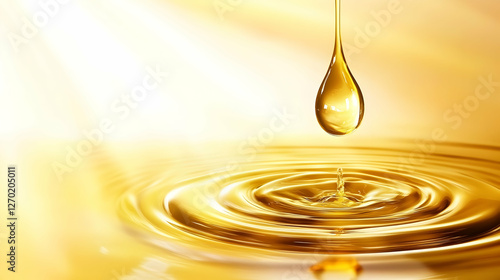 Golden oil drop falling, creating ripples, sunlit background