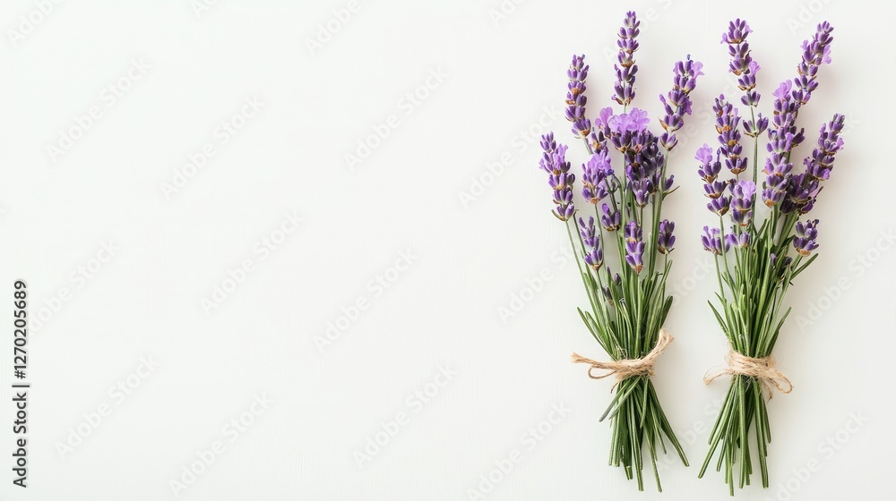 Obraz premium Lavender sprigs tied with twine, fragrant purple flowers, isolated on white background.