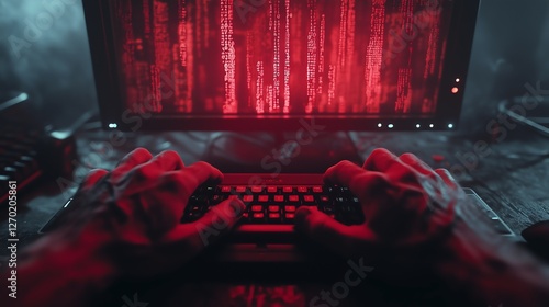 Close-up of hands typing with glowing malicious code on a dark monitor.