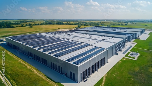 Aerial view of modern industrial building with solar panels, countryside background