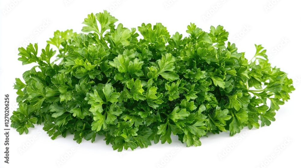 Parsley leaves, fresh and vibrant, with curly edges, isolated on white background. Parsley leaves, fresh and vibrant, with curly edges, isolated on white background.