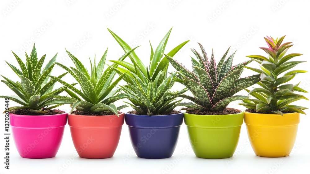 Fototapeta premium Potted aloe vera plant, fleshy green leaves, isolated on white background.