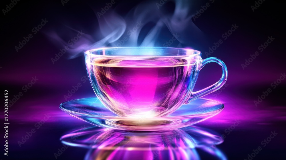 Glowing Teacup, Steaming, Dark Background, Advertisement Glowing Teacup, Steaming, Dark Background, Advertisement