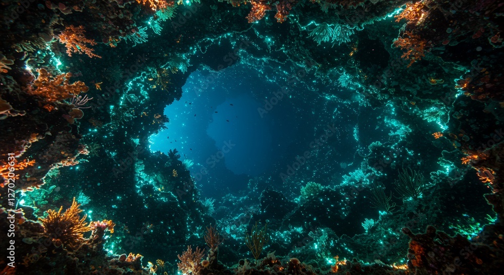 Fototapeta premium Underwater cavern with coral formations and deep blue water