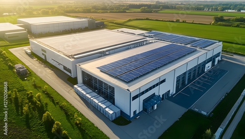 Aerial view of modern industrial complex with solar panels, rural landscape background
