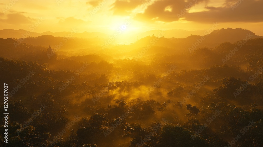 Obraz premium sunrise over mountain forest - ai