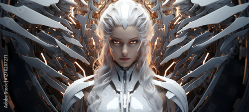 Science white Phoenix humanoid cyborg in futuristic neon, ai generative