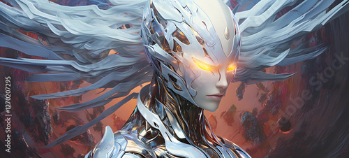 Science white Phoenix humanoid cyborg in futuristic neon, ai generative