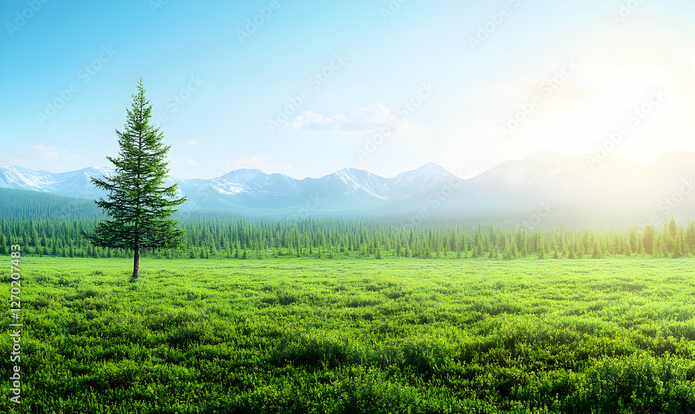 Naklejka premium Serene landscape photo of a lone coniferous tree in a vast green field, majestic mountains in the background under a bright, clear sky.