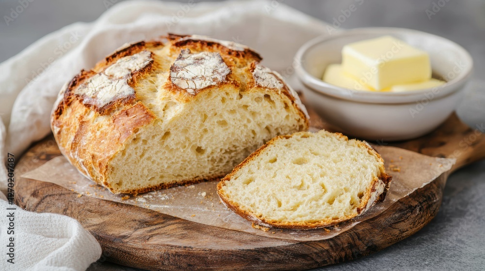 Freshly baked bread with butter on a wooden board. Freshly baked bread with butter on a wooden board.