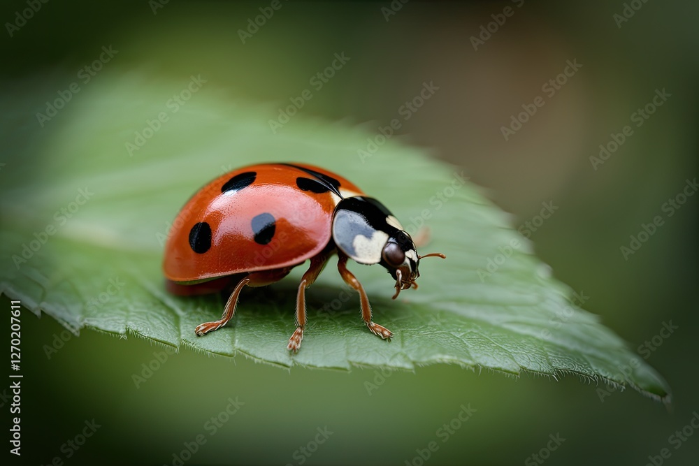 Fototapeta premium Macro of ladybug on green leaf, shallow depth of field, bright and vivid, nature close-up, peaceful insect detail, red and black colors, natural light