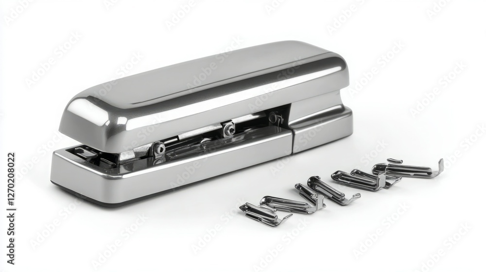 A sleek, metallic stapler sits on a white background, accompanied by a scattering of staples. The modern design and clean aesthetic make it a perfect addition to any desk. A sleek, metallic stapler sits on a white background, accompanied by a scattering of staples. The modern design and clean aesthetic make it a perfect addition to any desk.
