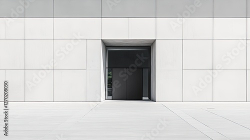 The faade of a minimalist building with smooth concrete and geometric shapes, empty space.