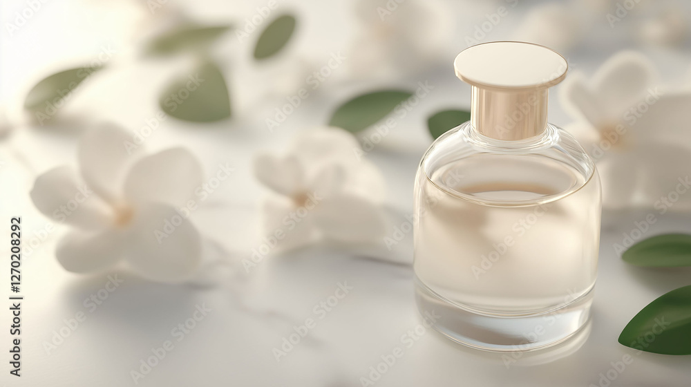Bottle of perfume accompanied by white flowers Bottle of perfume accompanied by white flowers