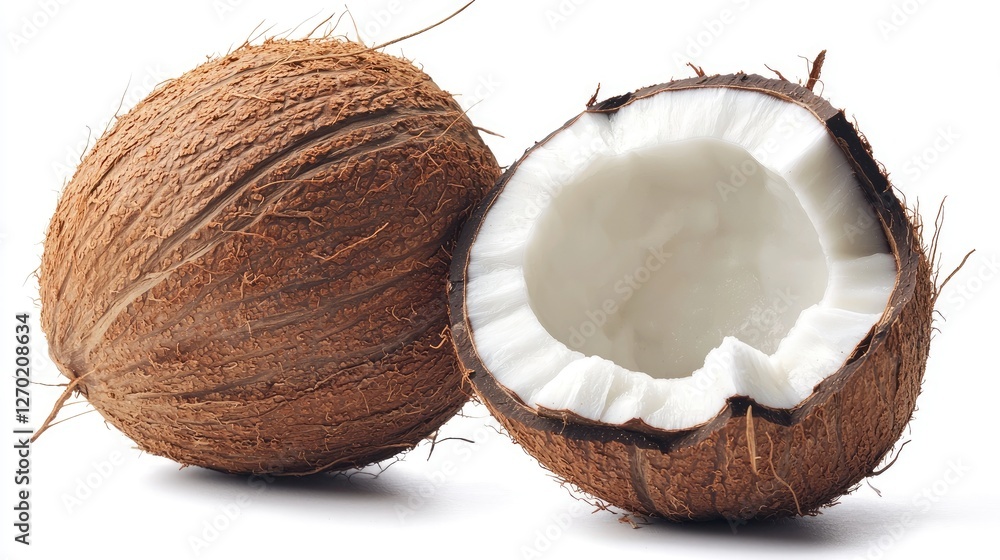 Whole coconut, cracked open with white flesh, isolated on white. Whole coconut, cracked open with white flesh, isolated on white.