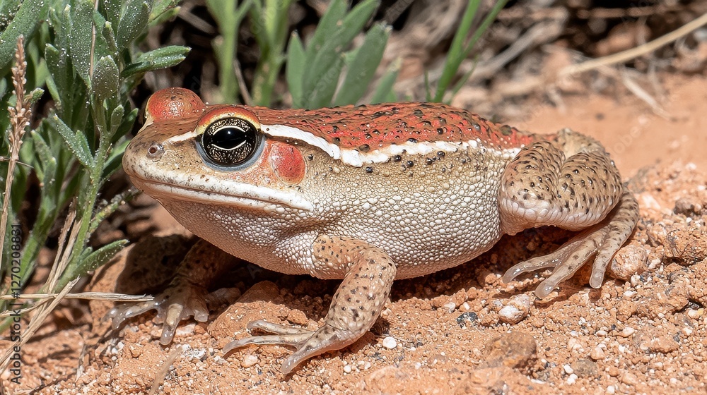 Fototapeta premium Closeup Profile Of A Reddish Brown Speckled Frog On Sandy Ground