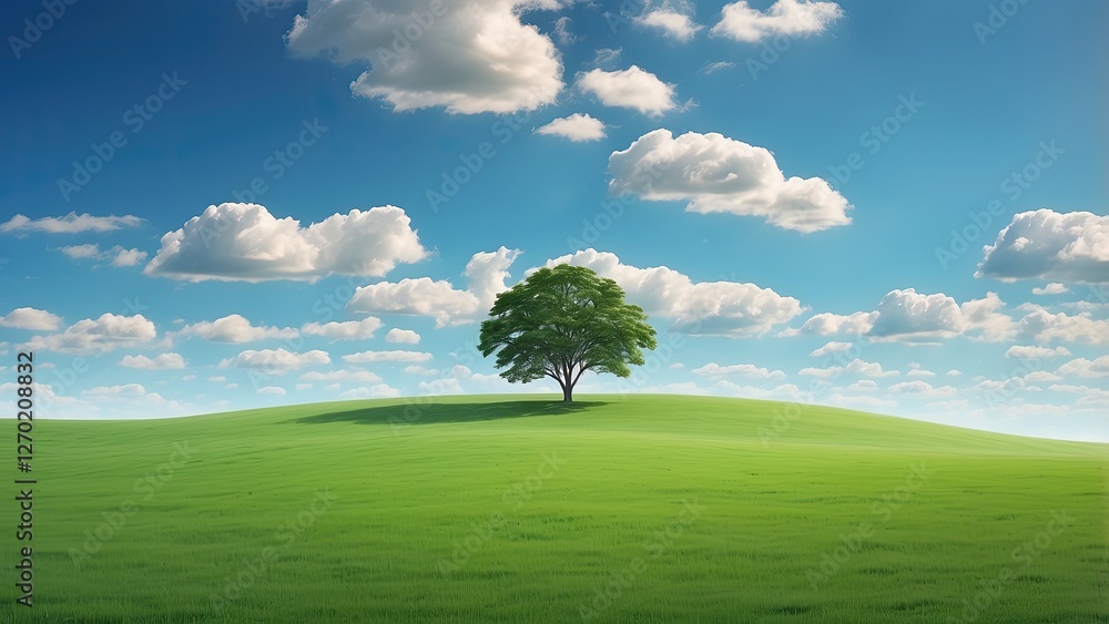 Obraz premium Panoramic View: Green Hills and Meadows Beneath Blue Skies and White Clouds (AI-Generated)