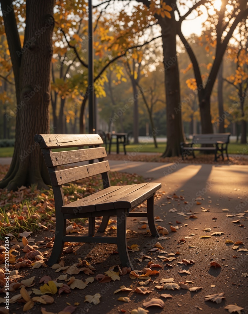 A weathered wooden bench sits alone in an empty park, surrounded by fallen autumn leaves A weathered wooden bench sits alone in an empty park, surrounded by fallen autumn leaves