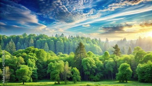 Serene Sunrise Over Lush Green Forest Landscape with Misty Atmosphere and Vibrant Sky