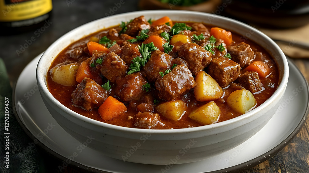 Hearty Beef Stew In White Bowl Hearty Beef Stew In White Bowl
