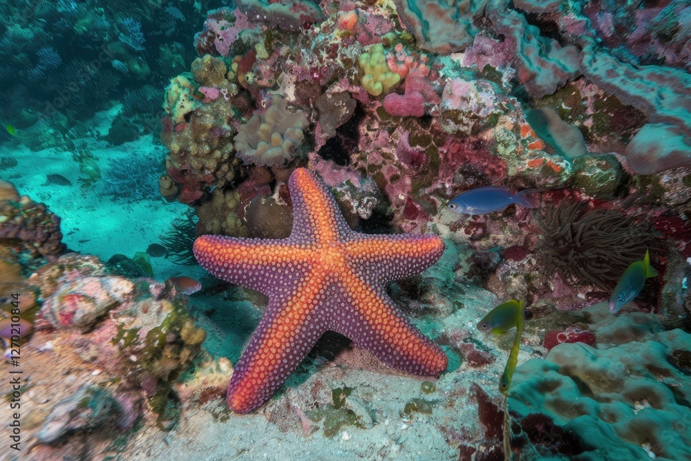 Orange Starfish & Coral Reef with Fish in Clear Turquoise Water - Detailed Close-Up Shot Orange Starfish & Coral Reef with Fish in Clear Turquoise Water - Detailed Close-Up Shot