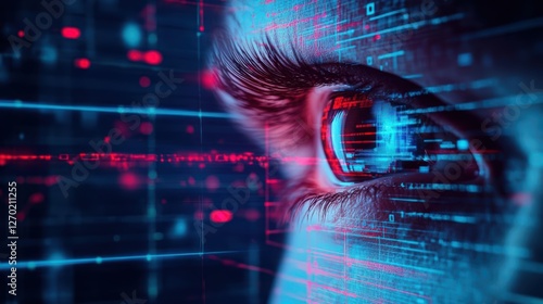 Close Up of an Intriguing Human Eye Surrounded by a Futuristic Digital Background Enhancing the Depth and Detail of the Eye's Unique Features