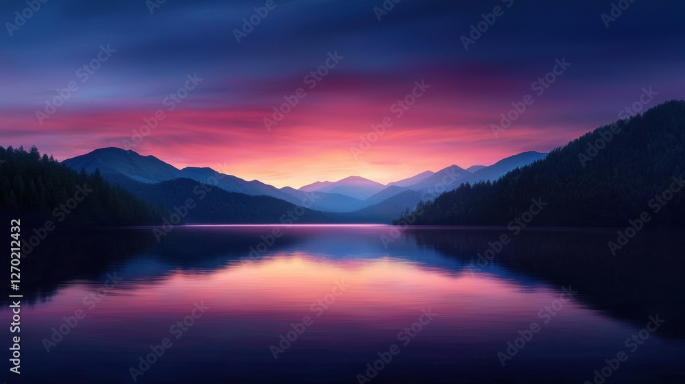 Fototapeta premium Serene sunset over tranquil mountain lake