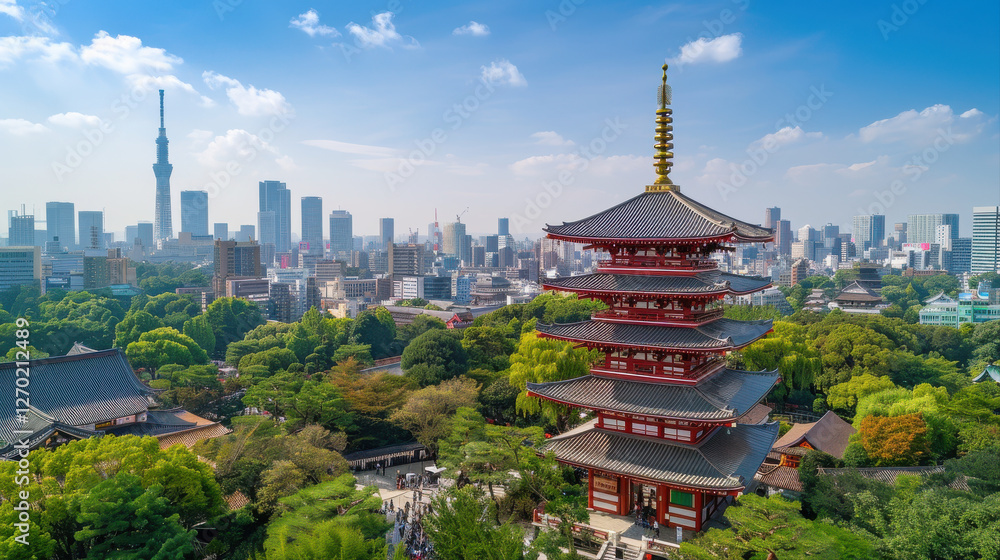 Tokyo skyline featuring traditional pagoda and modern skyscrapers