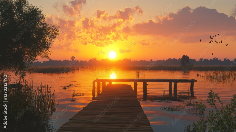 Obraz premium sunset over a pier on a lake - ai