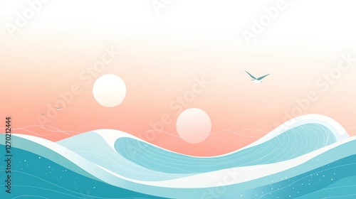 Minimalist Ocean Sunset Illustration with Waves and Seagulls Vector Art
