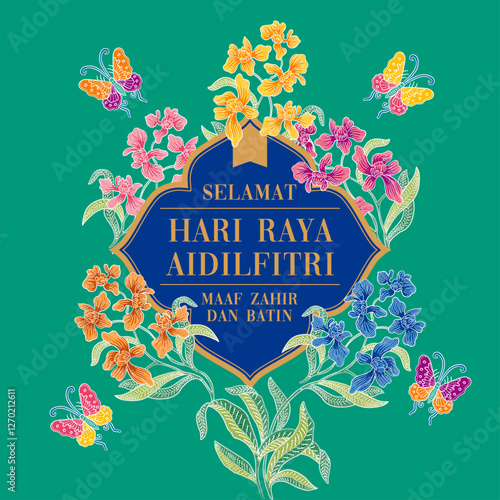 Eid Al-Fitr Post Design with Batik Sarong. Translation: Happy Eid Al-Fitr, Forgive Me Inwardly and Outwardly.