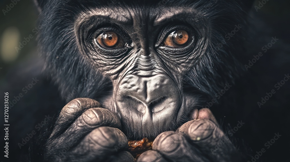 Close-up of a gorilla's face, showcasing its expressive eyes and hands holding food. Close-up of a gorilla's face, showcasing its expressive eyes and hands holding food.