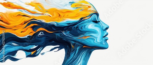 Digital Art Concepts. Vibrant abstract portrait with flowing blue and orange hair.