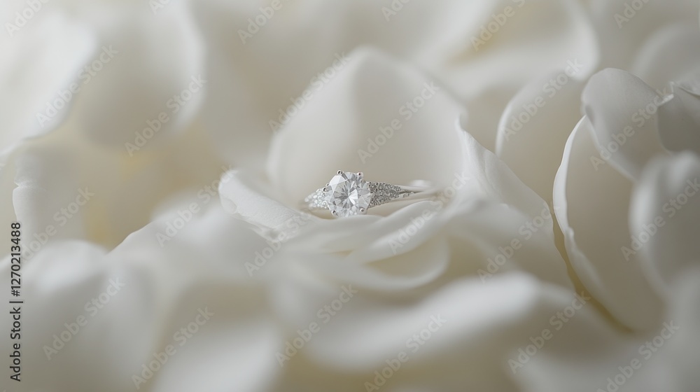 Elegant diamond engagement ring resting delicately on pristine white flower petals Elegant diamond engagement ring resting delicately on pristine white flower petals