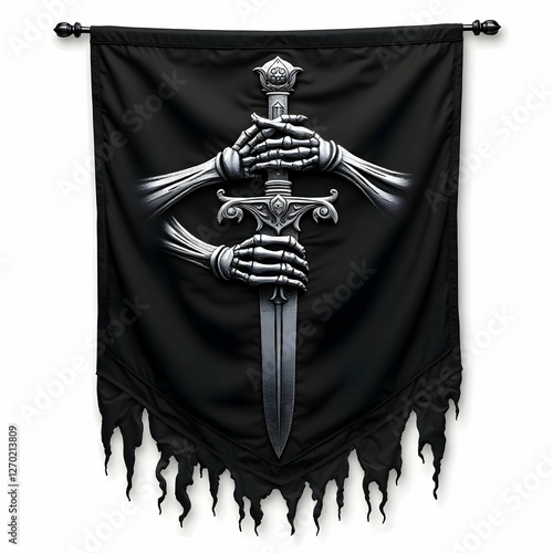 Necromancer’s Oath – A black flag embroidered with skeletal hands gripping an ornate dagger photo