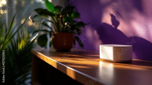 Elegant White Tent Cards on Wooden Table with Plant and Sunlight
